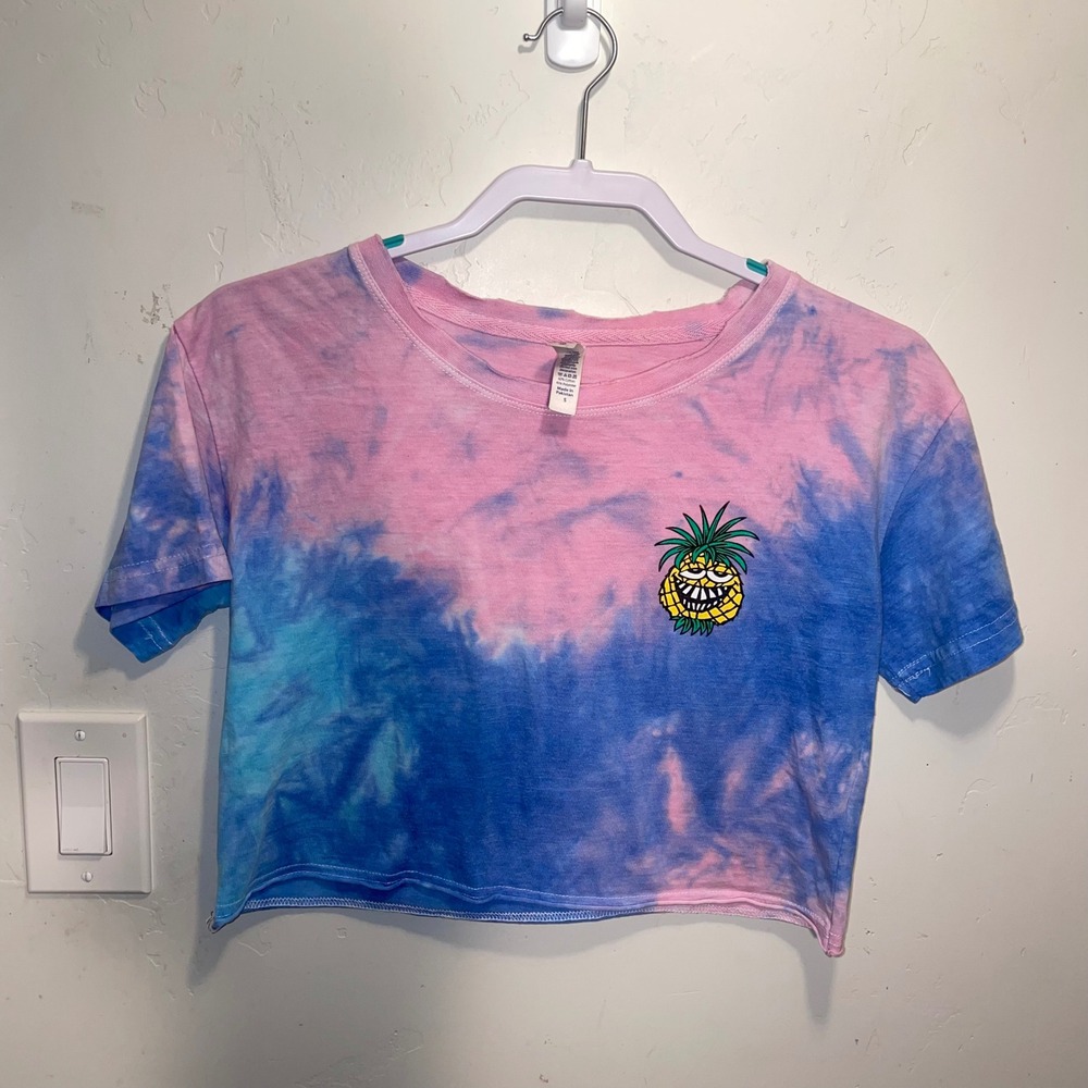 US Apparel Pineapple Willys Panama City Beach Tie Dye Crop Top Pink Blue Small